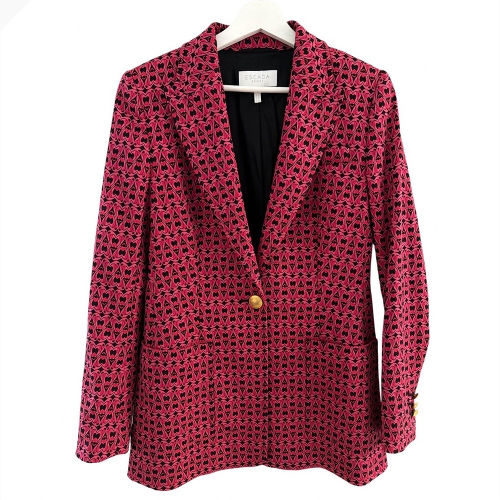 Escada Sport Pink Black Heart Print Single Gold Button Blazer Jacket Women Sz 36